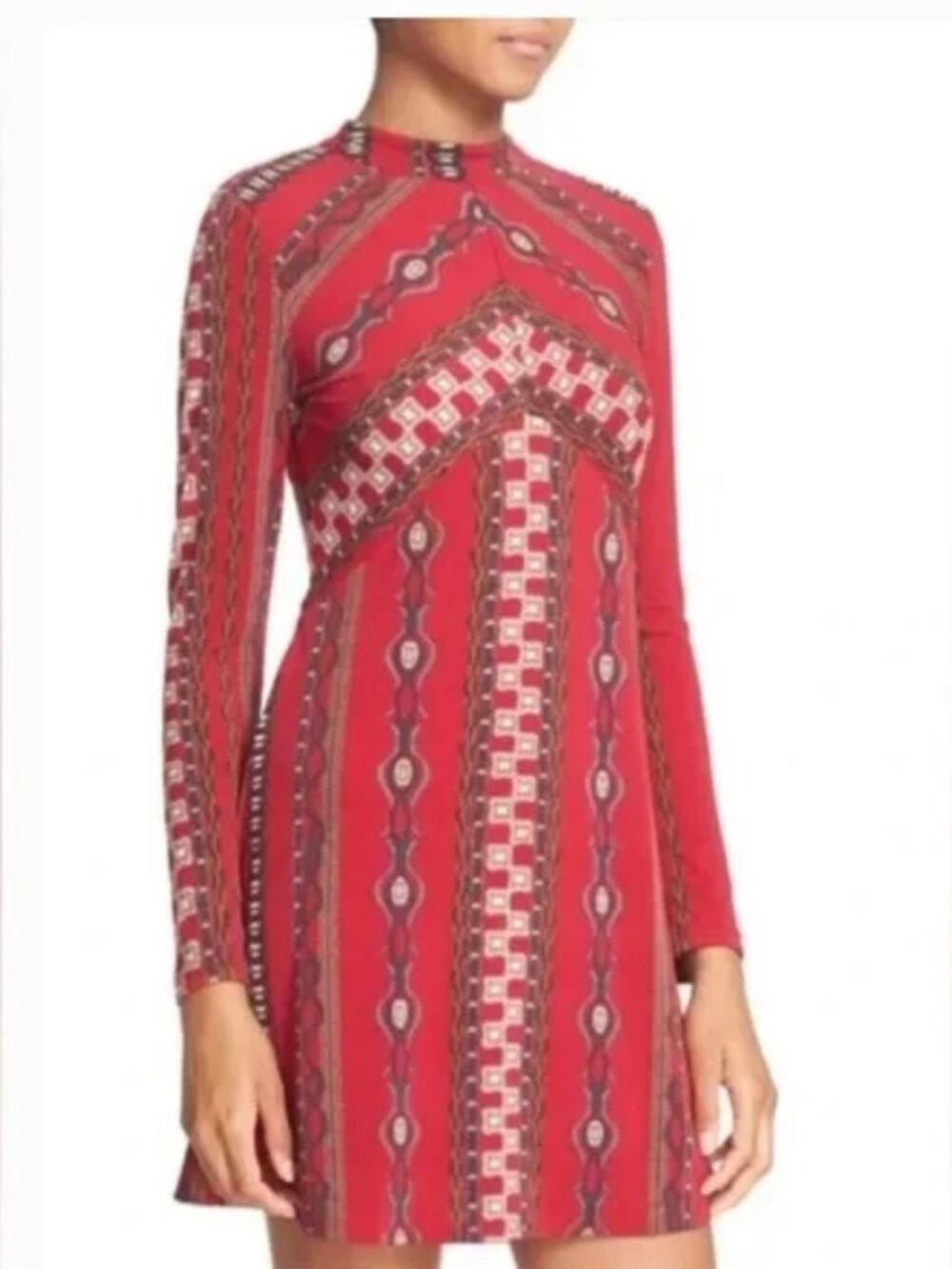 Free People Stella Long Sleeve Mini Dress Red geo print - 70's boho vibe / small